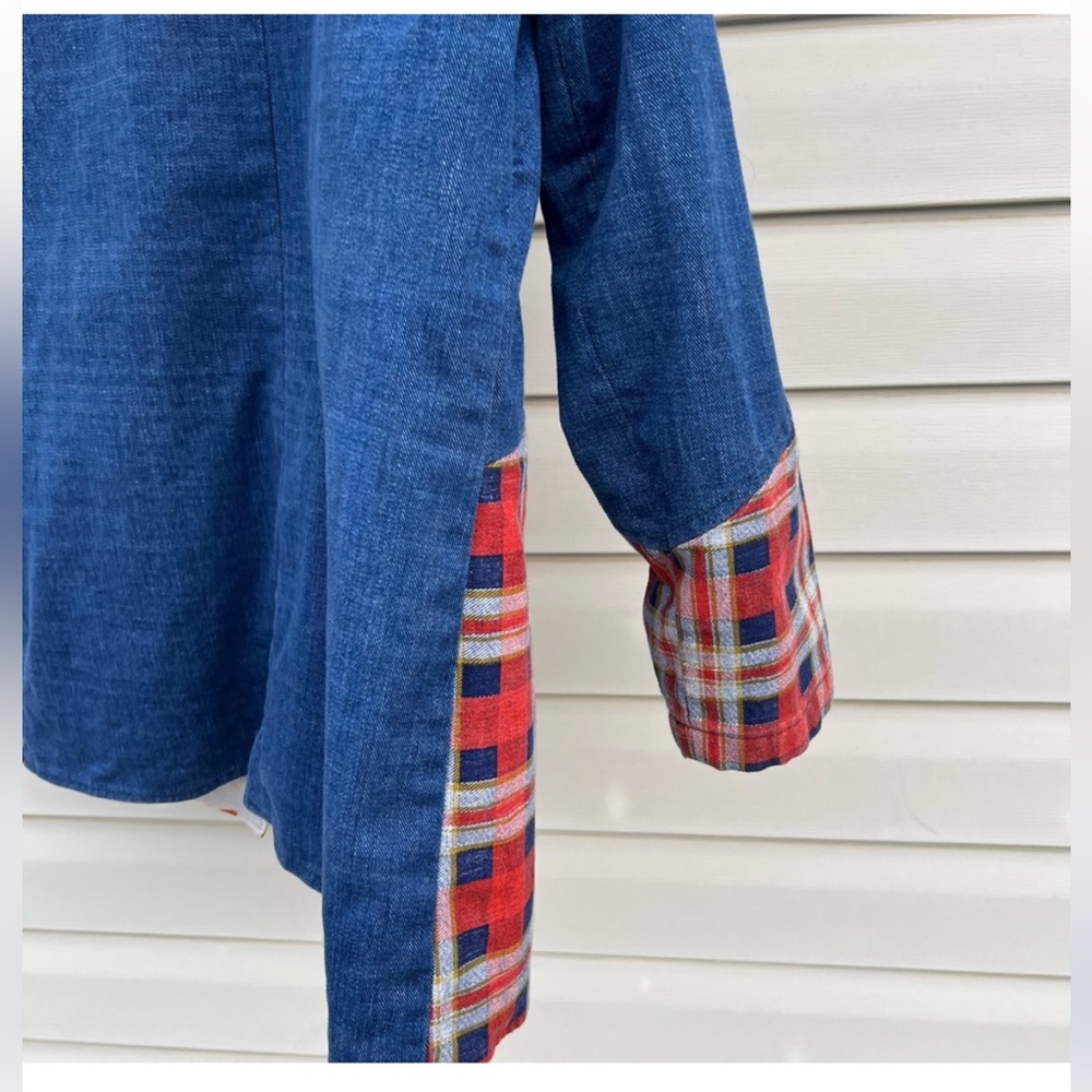 Denim & Red Plaid Open Front Women's Jacket - Picture 8 of 16